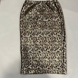 Elegant Gold and Black Leopard Print Sequin Midi Skirt